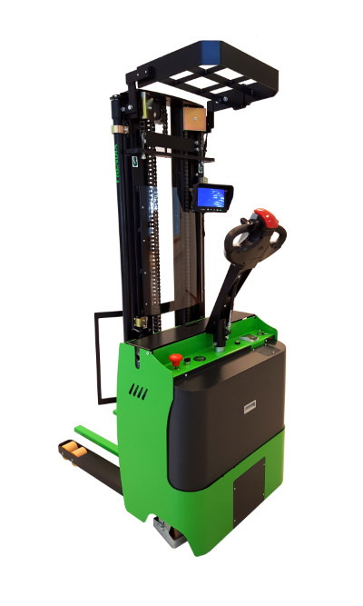 A green and black tire stacker with a overhead guard.