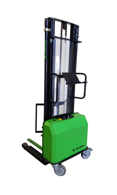 A green and black tire stacker with a tablet holder.