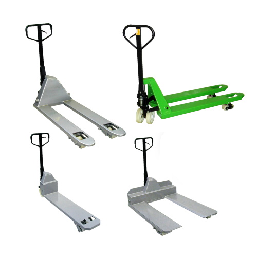 Three metallic and one green hand pallet truck.