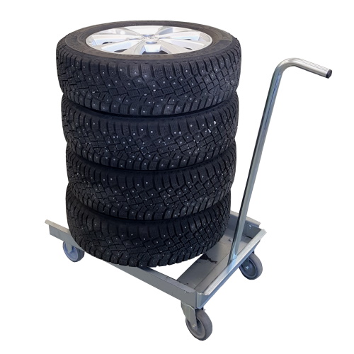 A metal tire trolley with a tire set.