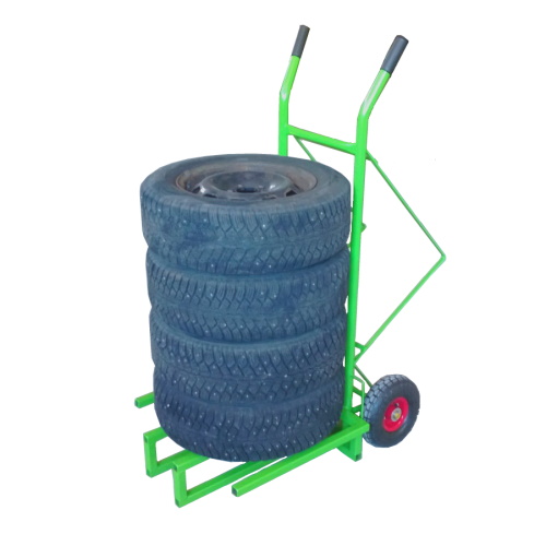 A green tire sack trolley with a tire set.