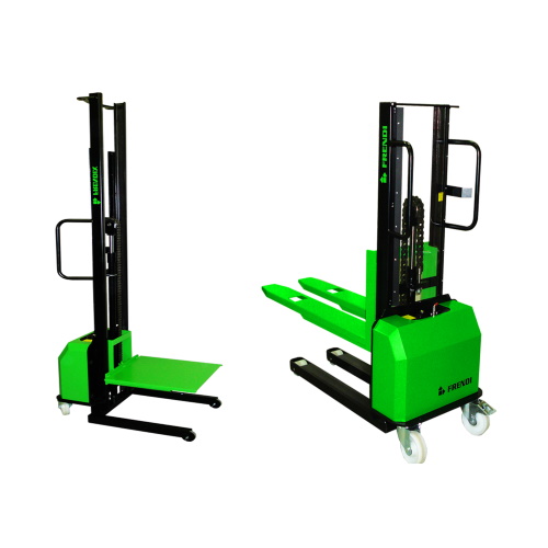 Two black and green semi electric stackers.