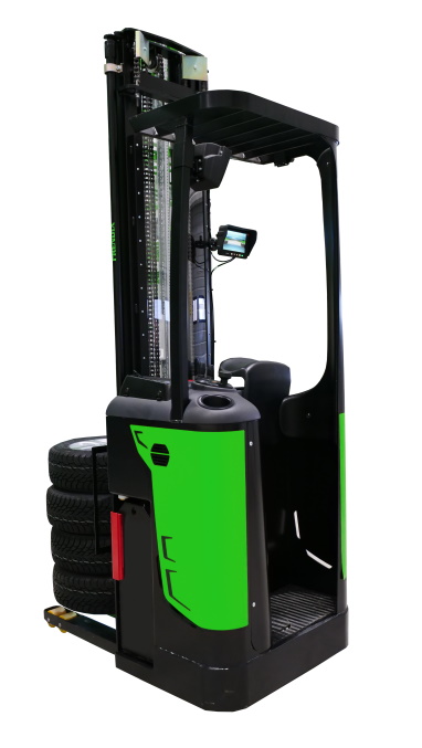 A black and green tire stacker a stand space for a driver.