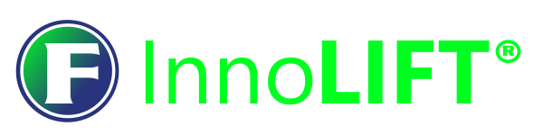 A lime green InnoLIFT text on the right and on the left a round blue and green logo with an white F in the middle.